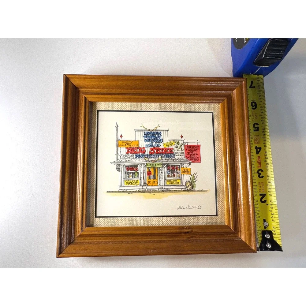 Roger Mason Signed Hand Watercolored Print Drug Store 1990 Framed Art 7x7 - Picture 5 of 6